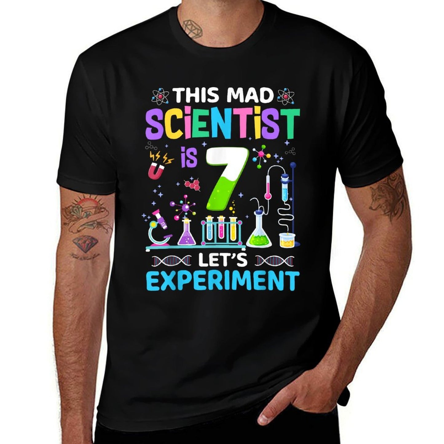 7 Years Old 7th Birthday Boys Girls Science Theme Party  Summer-ready Fabric T-Shirt