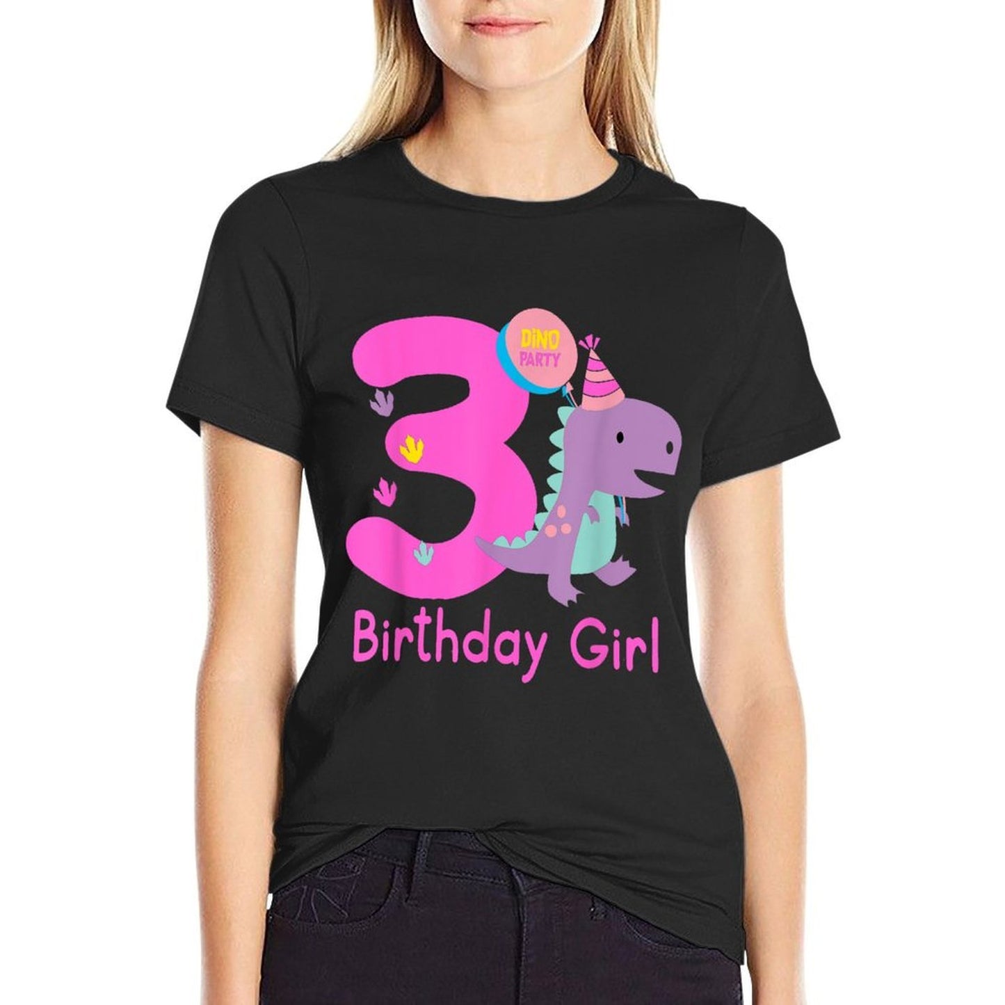 3rd Birthday Dinosaur Girl T-Rex Matching Family Party Three  Oversized Silhouette T-Shirt