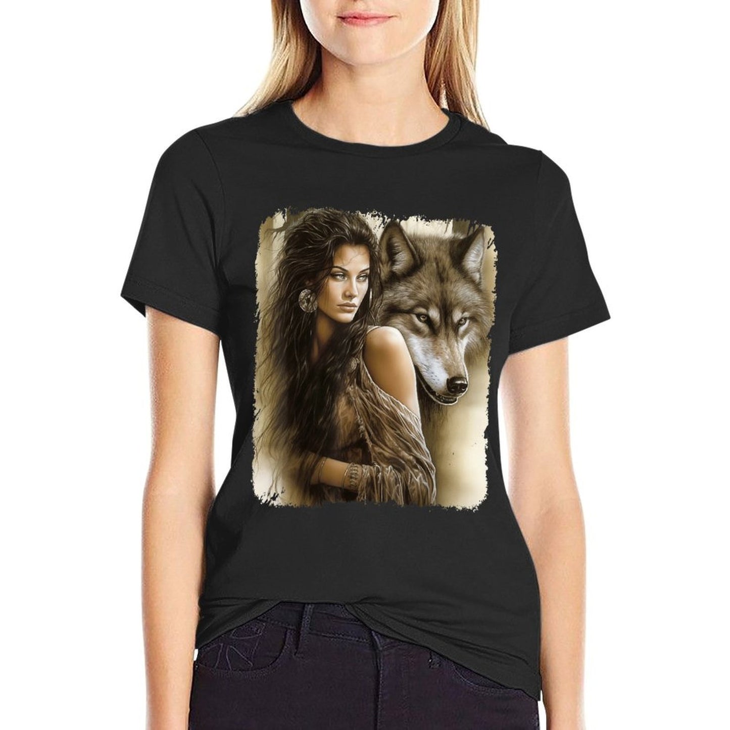 Woman And Gray Wolf Fantasy Art Painting  Oversized Silhouette T-Shirt