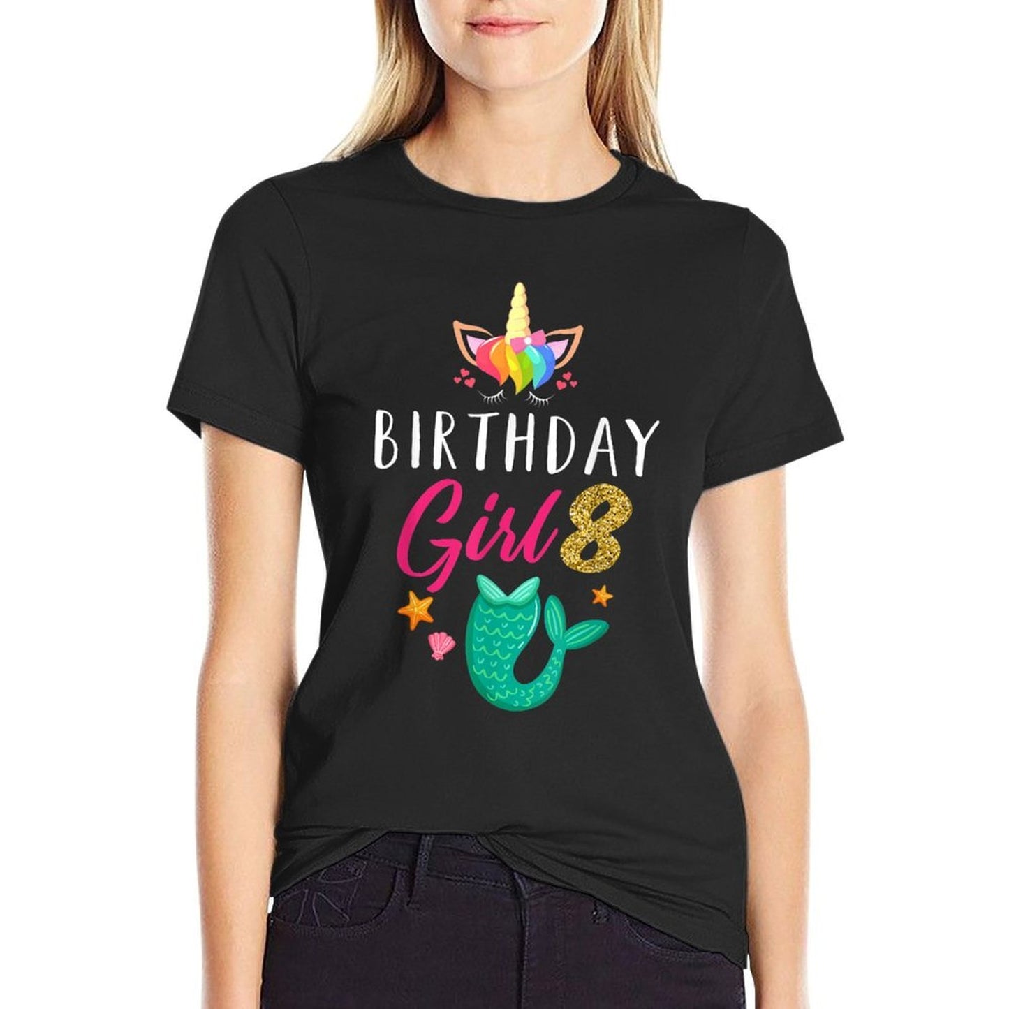 8th Birthday Girl Unicorn Mermaid Eight Years Old Birthday  Polyester Blend T-Shirt
