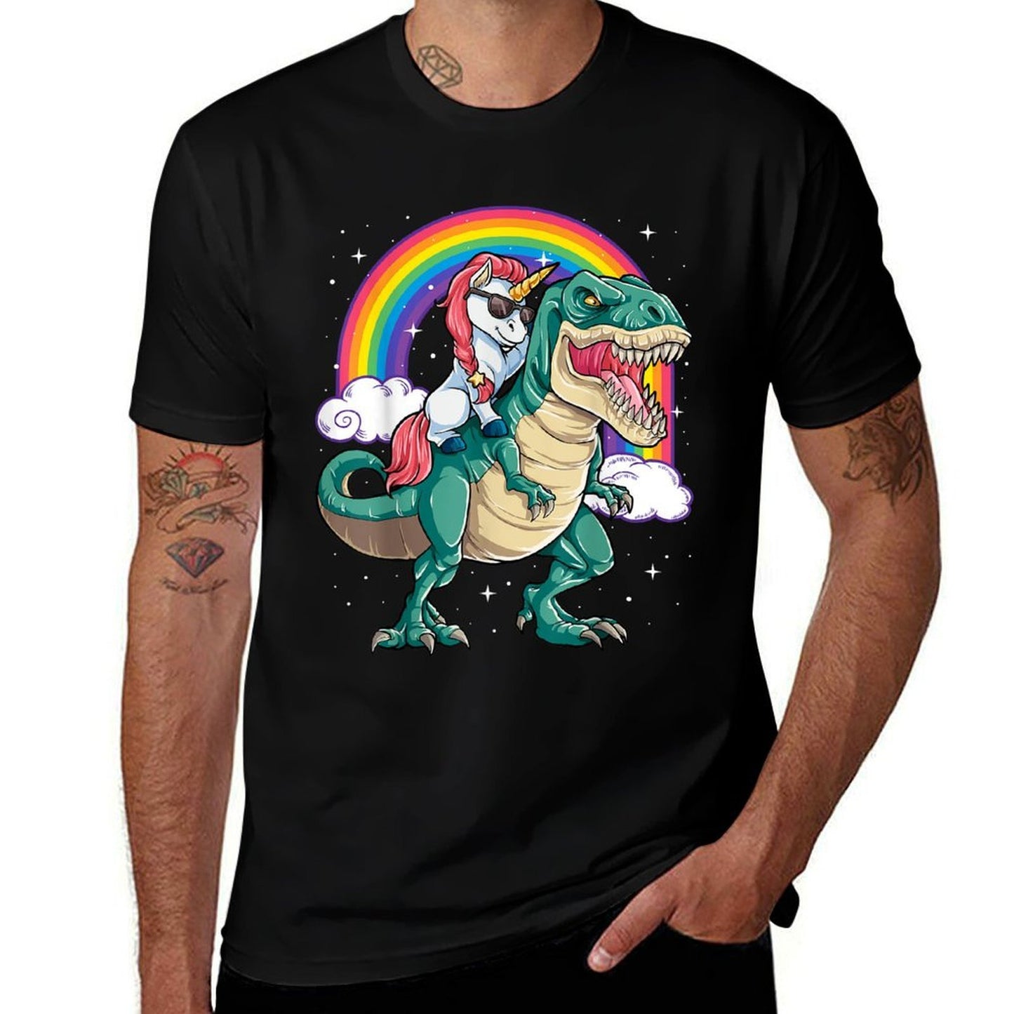 Unicorn Riding T Rex Dinosaur Boys Girls Men Women Rainbow  Polyester Blend T-Shirt