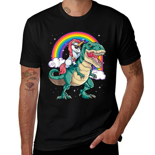 Unicorn Riding T Rex Dinosaur Boys Girls Men Women Rainbow  Polyester Blend T-Shirt