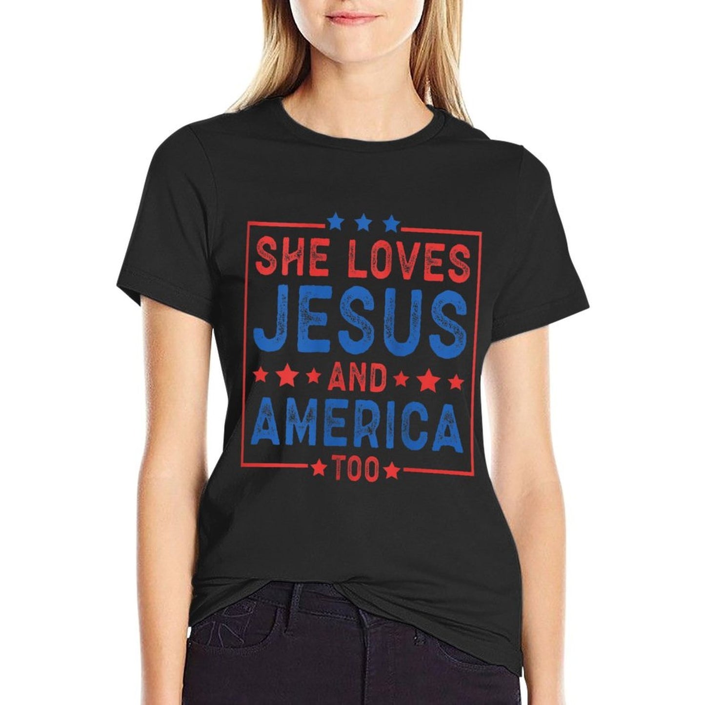 Womens She Loves Jesus And America Too Women USA  Slim-fit Cut T-Shirt