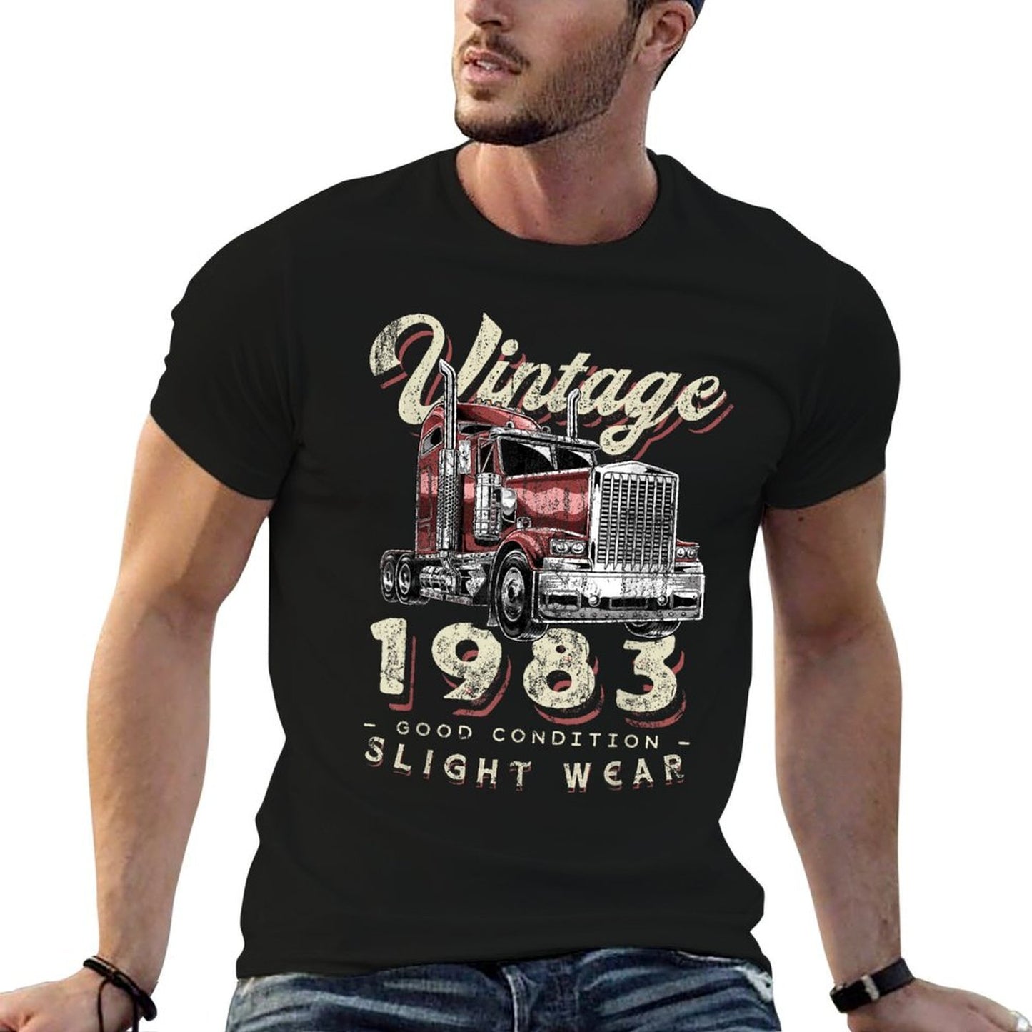 Vintage 1983 Trucker Big Rig Truck Driver 40th Birthday  Ribbed Collar T-Shirt