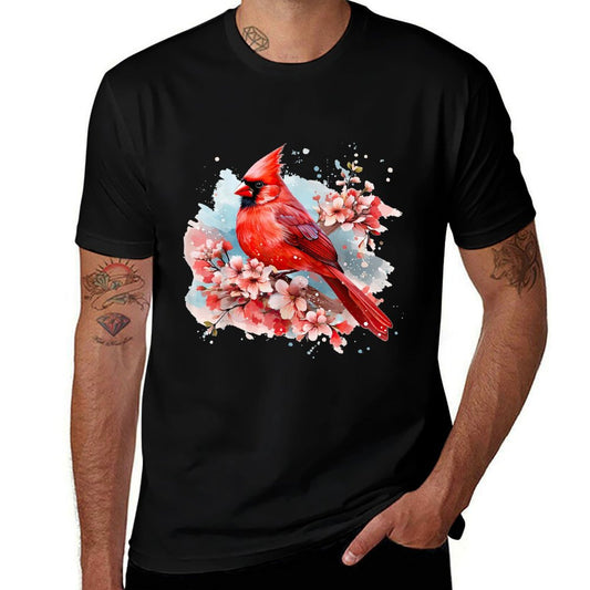 Watercolor Red Cardinal Floral Birdwatching Vintage Birding  Tagless Design T-Shirt