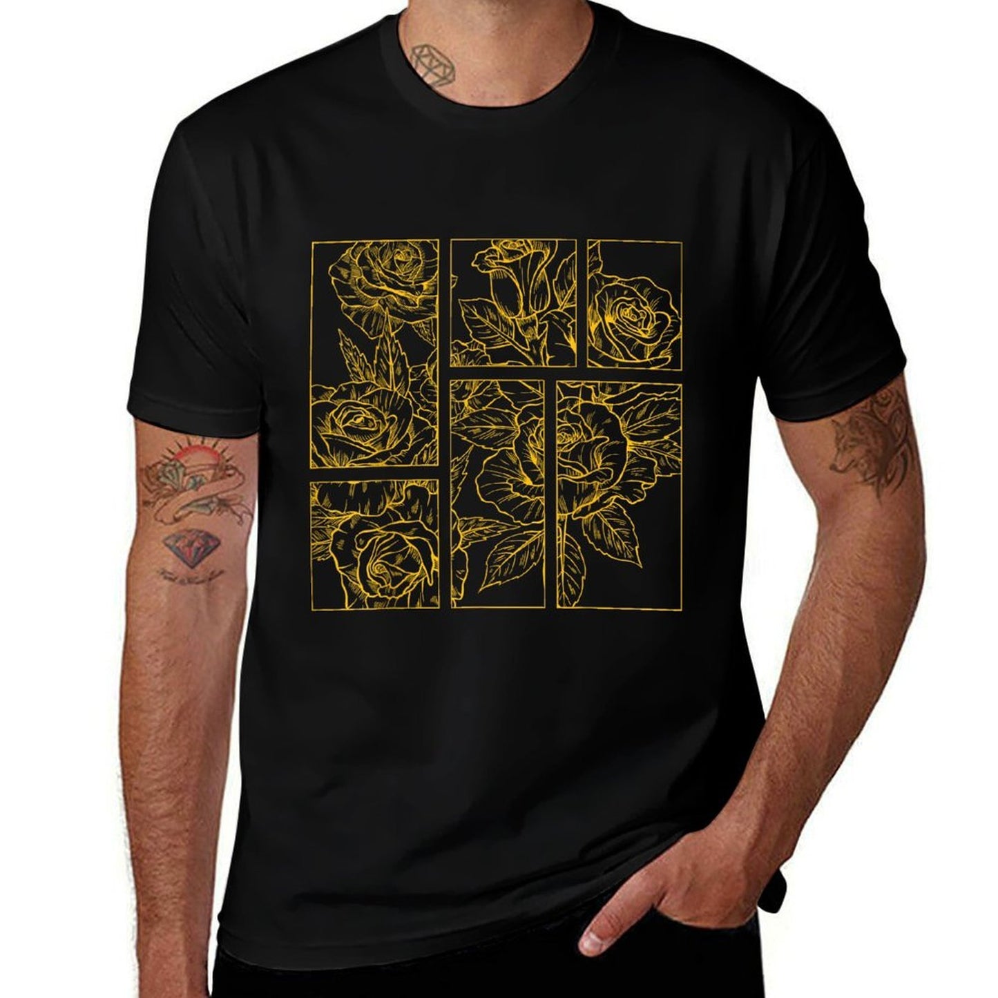 Yellow Roses Line Art Drawing Aesthetic Roses for The Ladies  Ribbed Collar T-Shirt