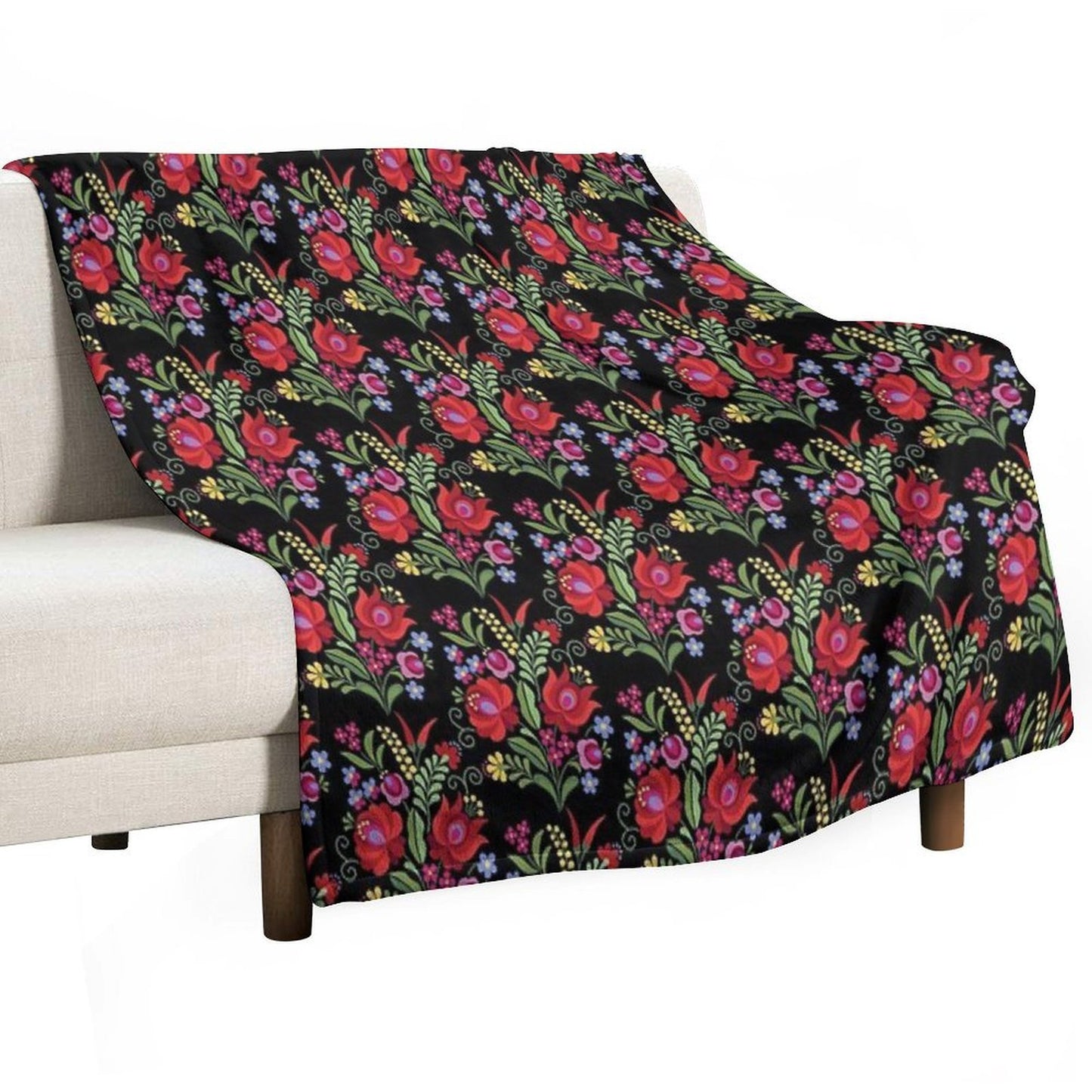 Hungarian Folk Design Red Peppers on Black Quick-dry Throw Blanket