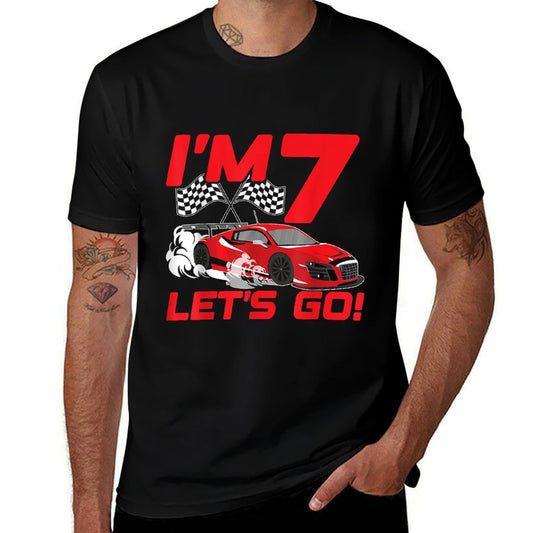 7 Year Old 7th Racing Racecar Birthday Party Boys Girls  Ribbed Collar T-Shirt
