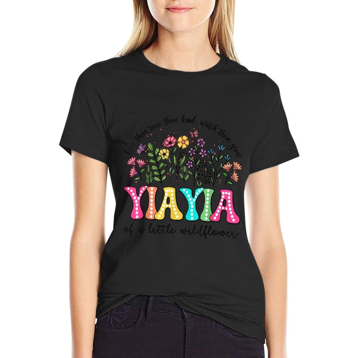YiaYia Of The Little Wildflower Birthday Kids Groovy  Ribbed Collar T-Shirt