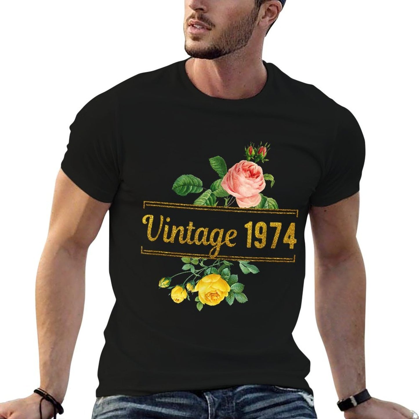 Vintage 1974 Classic Retro Rose Flower Floral 50th Birthday  Relaxed-fit T-Shirt