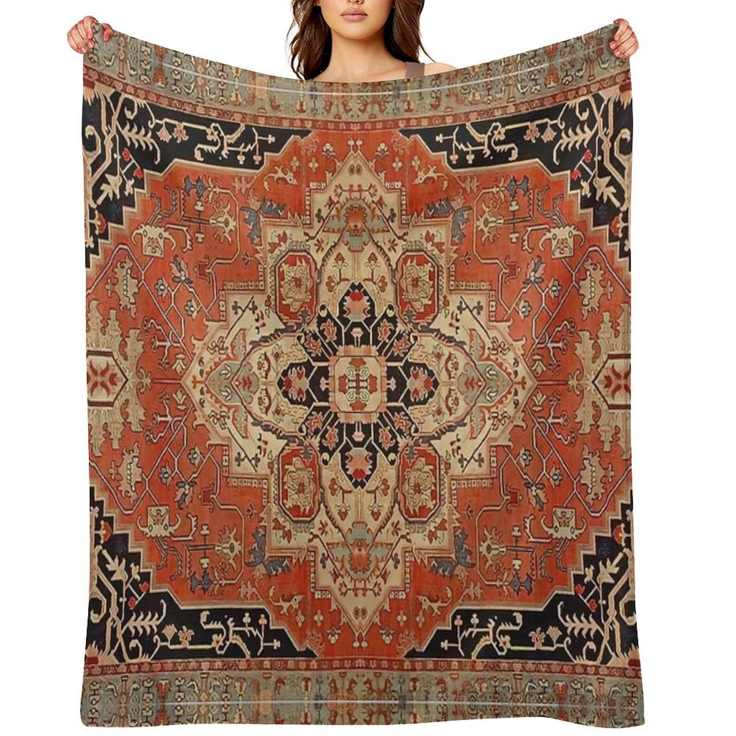 Vintage Heriz Medallion Rug Pattern  Boho Persian Geometric Tapestry Easy Care Throw Blanket