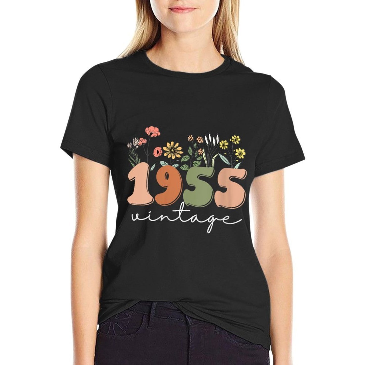 Womens 70 Years Old Vintage 1955 70th Birthday Wildflower Women  Easy-care T-Shirt