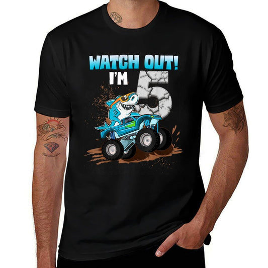 5 Years Old 5th Birthday Shark Boy Girl Monster Truck Gamer  Summer-ready Fabric T-Shirt