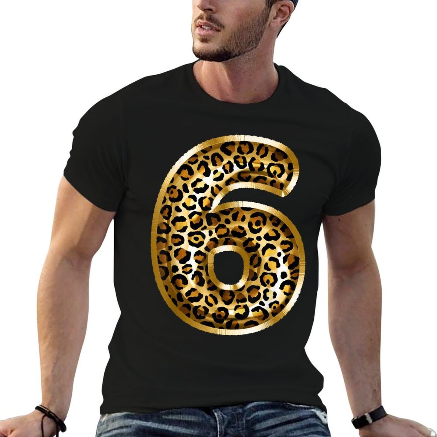 6th Birthday Gift Leopard Animal Print Kids Six  Rolled Sleeves T-Shirt