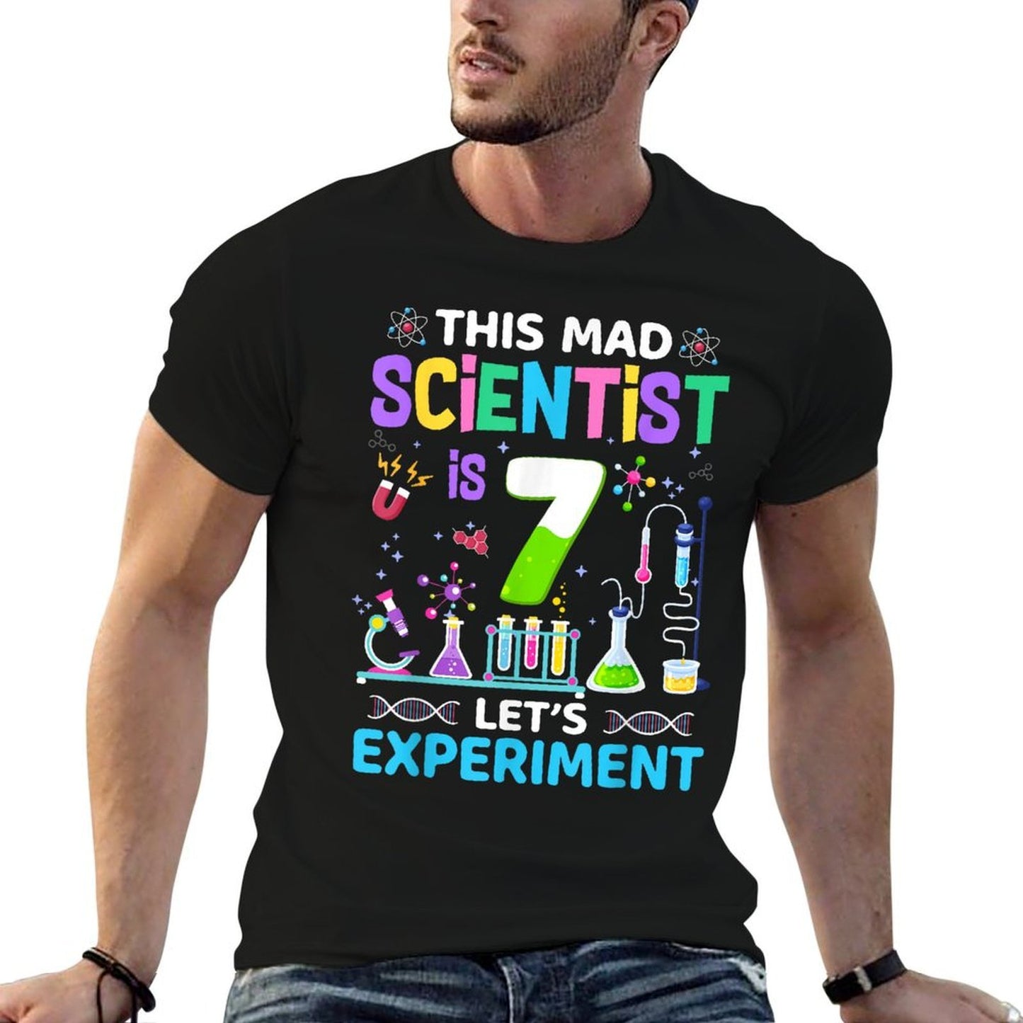 7 Years Old 7th Birthday Boys Girls Science Theme Party  Summer-ready Fabric T-Shirt
