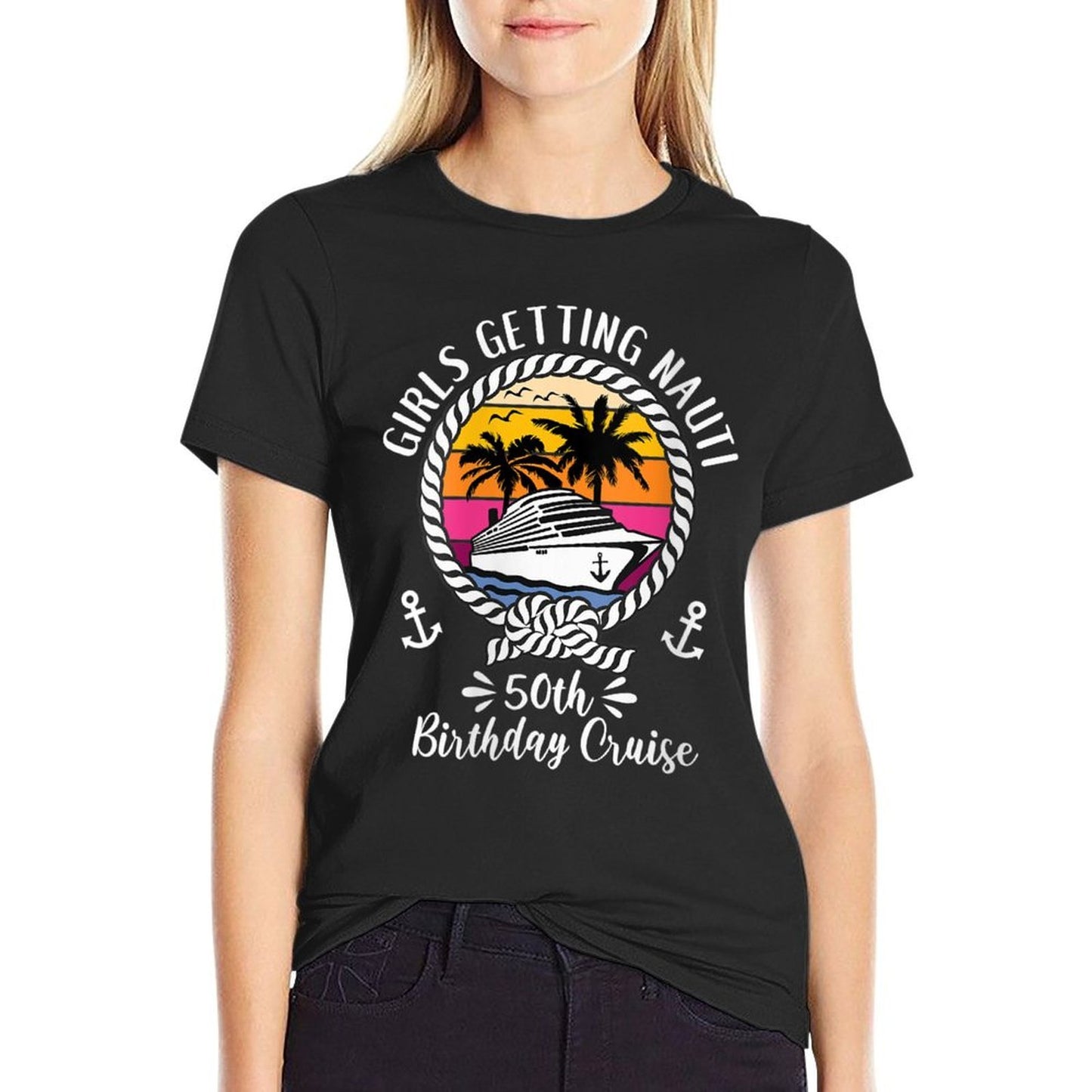 Womens Funny Girls Cruise Girls Getting Nauti 50th Birthday Cruise  Eco-friendly Material T-Shirt