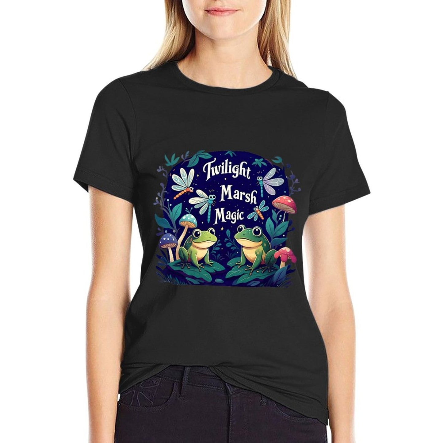 Twilight Marsh Magic Cute Frog Dragonfly Mushroom Design Premium  Moisture-wicking T-Shirt