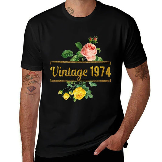 Vintage 1974 Classic Retro Rose Flower Floral 50th Birthday  Relaxed-fit T-Shirt