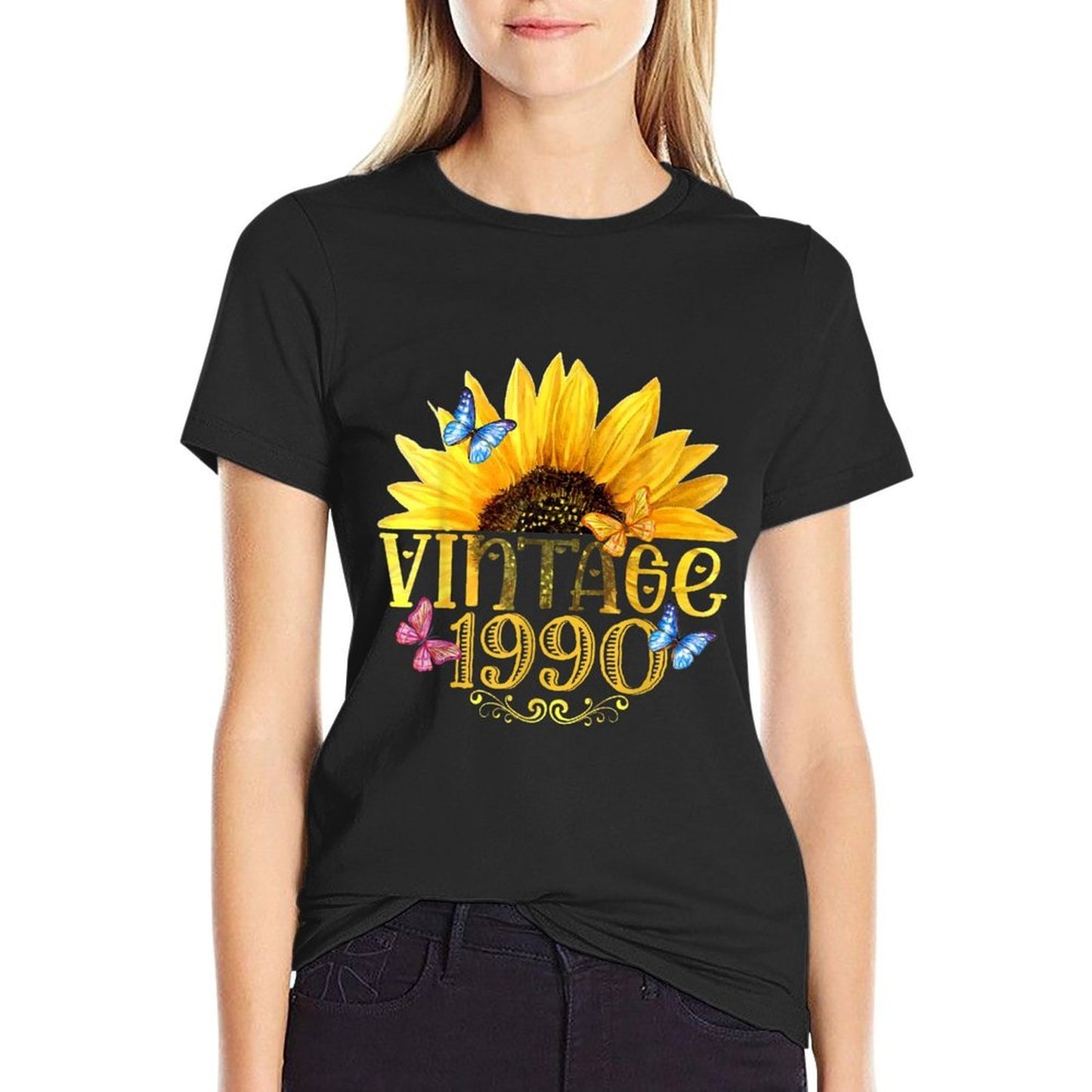 Vintage 1990 Sunflower Floral Butterfly Funny 35th Birthday  Quick-drying T-Shirt