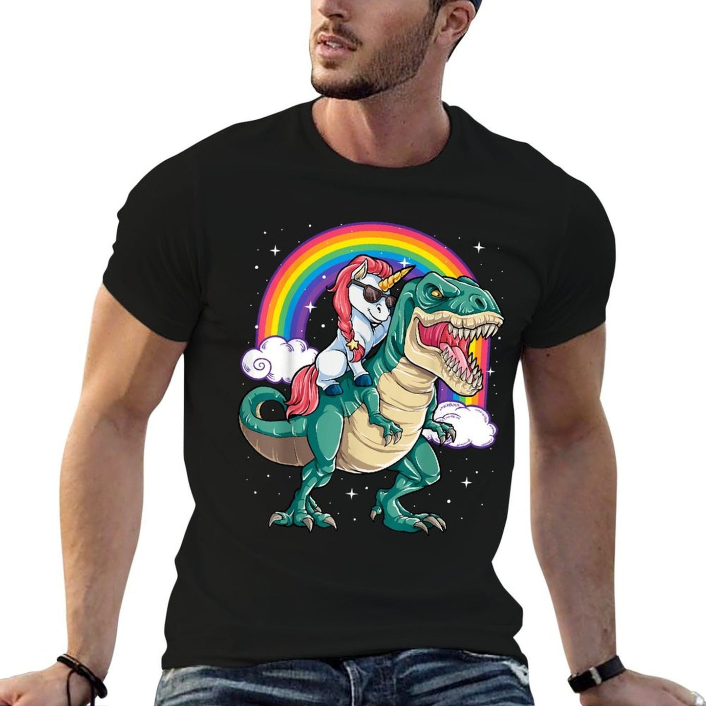 Unicorn Riding T Rex Dinosaur Boys Girls Men Women Rainbow  Polyester Blend T-Shirt