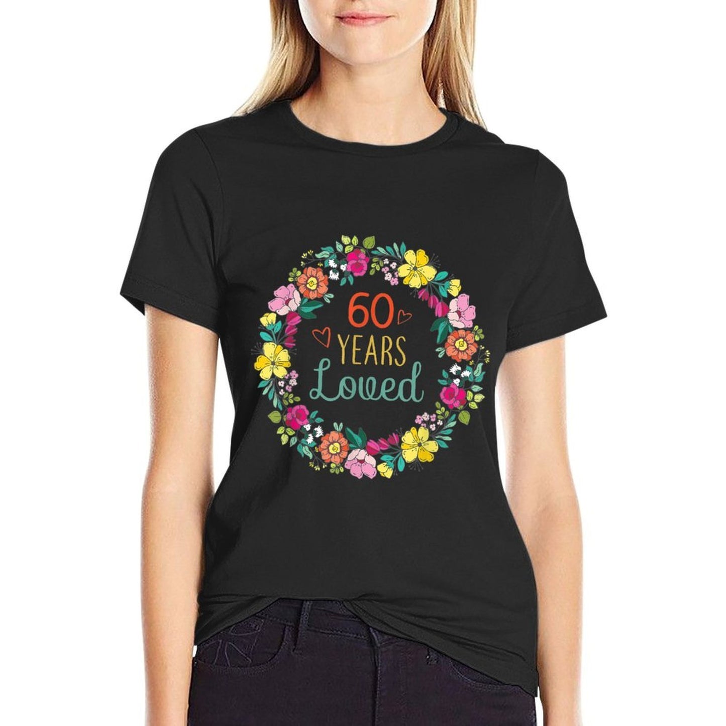 60 Years Loved Cool Flowers Pattern Grandma 60th Birthday  High-quality Stitching T-Shirt