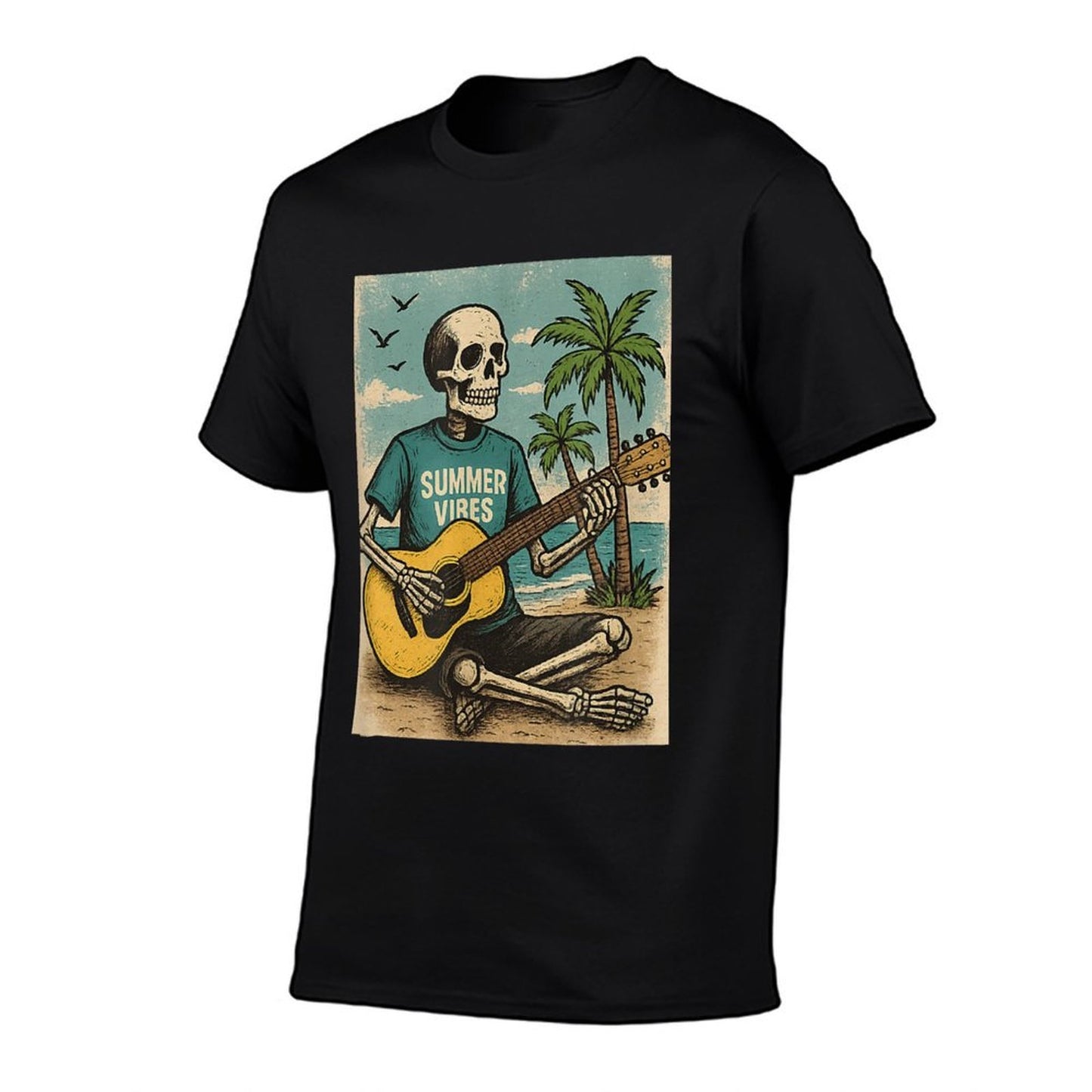 Vintage Skeleton Summer Vibes Funny Beach Guitar  High-quality Stitching T-Shirt