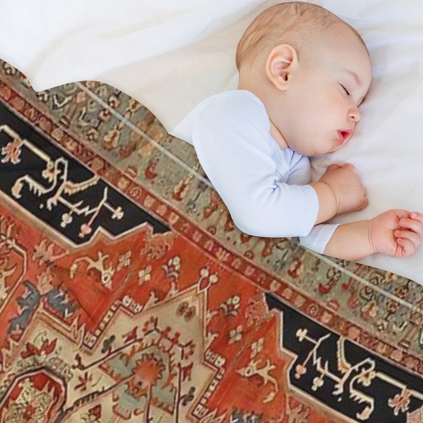 Vintage Heriz Medallion Rug Pattern  Boho Persian Geometric Tapestry Easy Care Throw Blanket