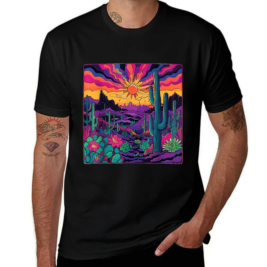 Trippy Psychedelic Desert Landscape Cactus Mountains  High-quality Stitching T-Shirt