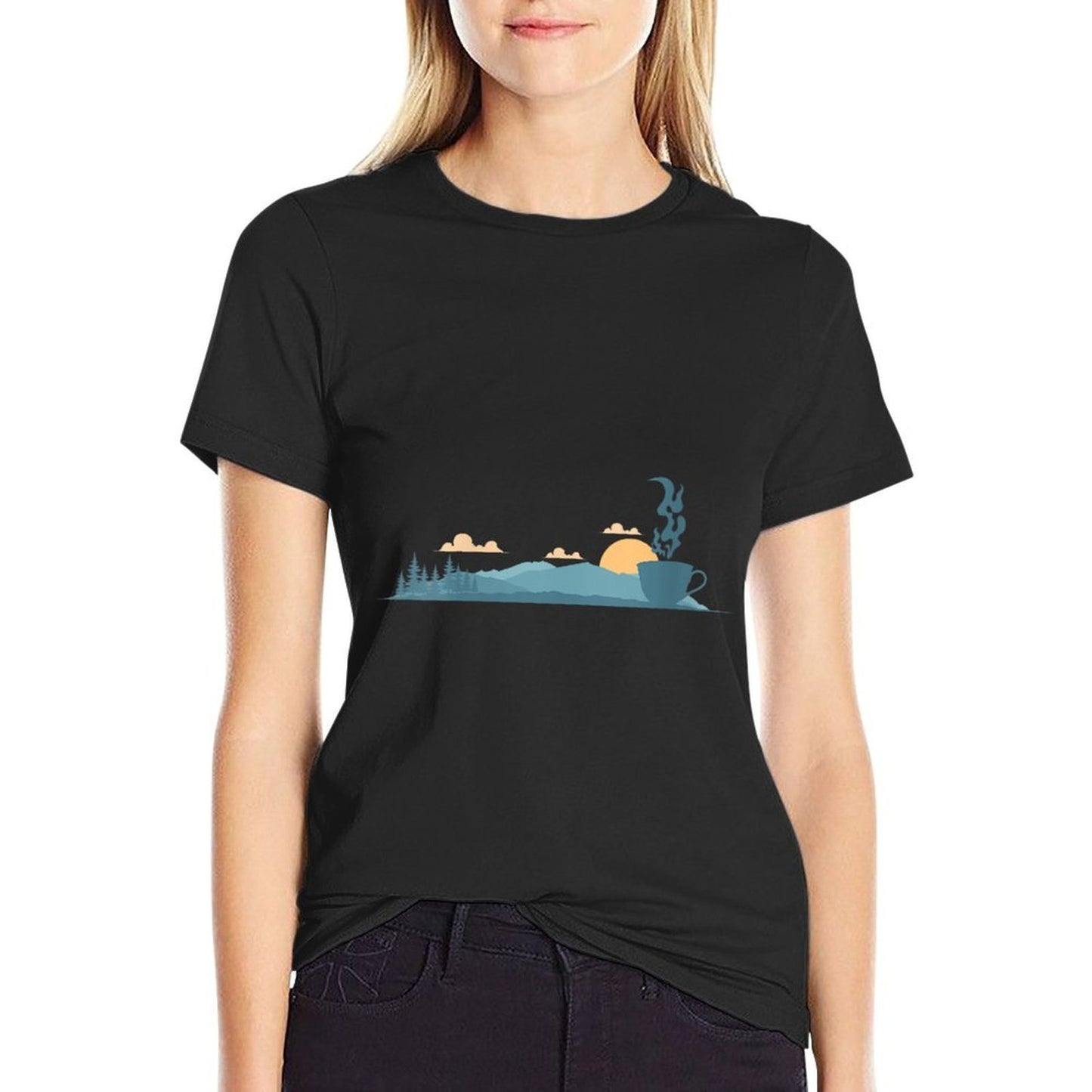 Womens Twilight Scene with Silhouette of A Teacup  Wrinkle-resistant T-Shirt