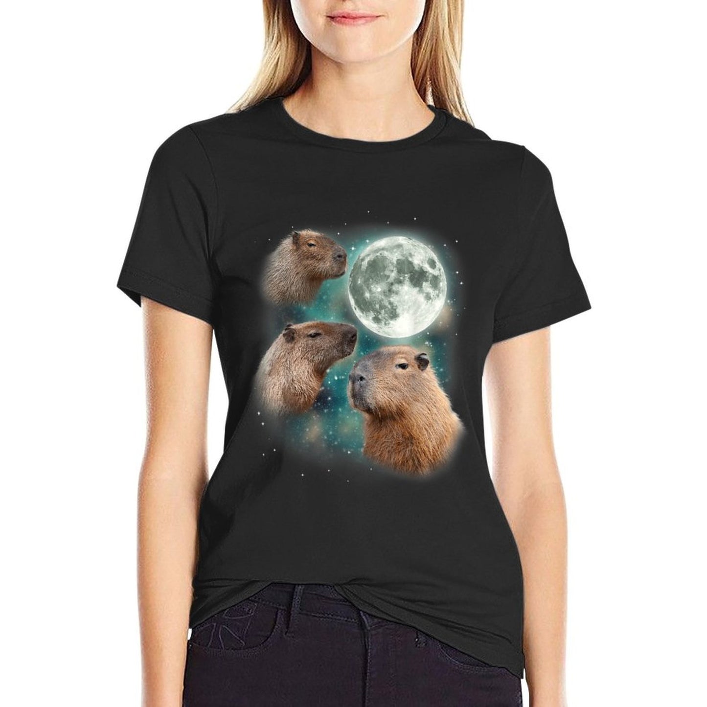3 Capybara Moon Giant Rodents Weird Howling Parody  High-quality Stitching T-Shirt