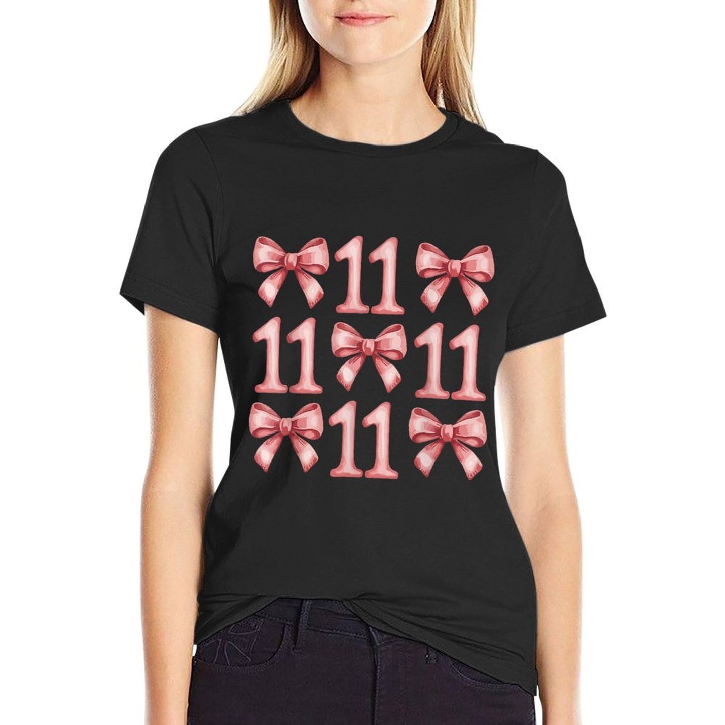11 Years Old Birthday Girl Coquette Pink Bow Aesthetic  Eco-friendly Material T-Shirt