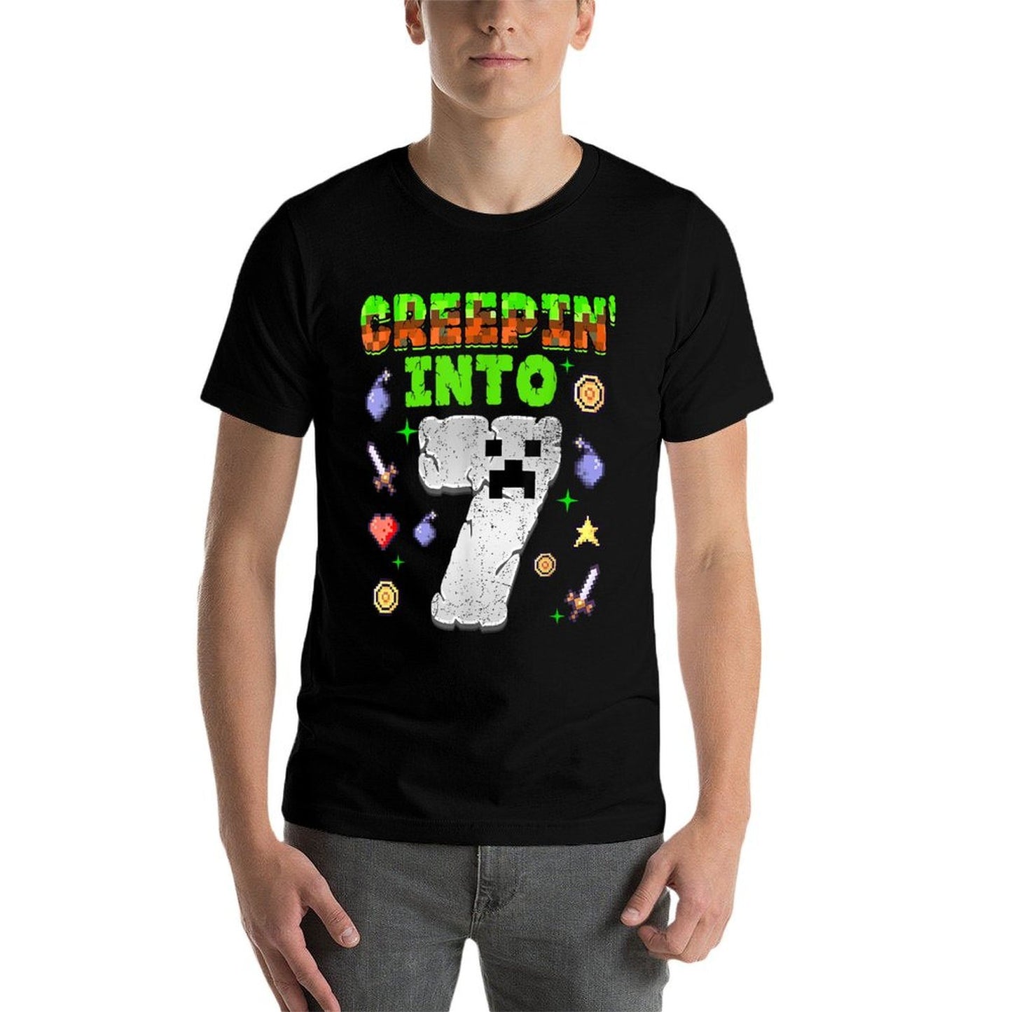 7th Birthday Gamer Pixel Creepin’ Into 7 Video Game Party  Rolled Sleeves T-Shirt