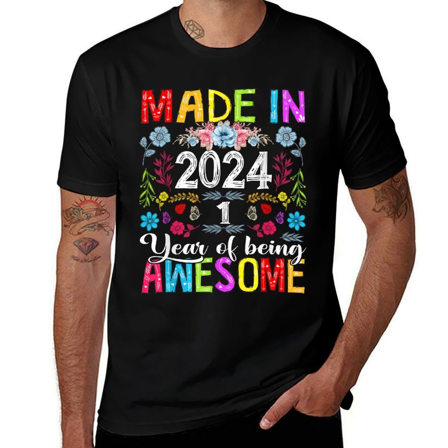 1 Years Old Made In 2024 Funny Floral 1st Birthday Girls  Rolled Sleeves T-Shirt