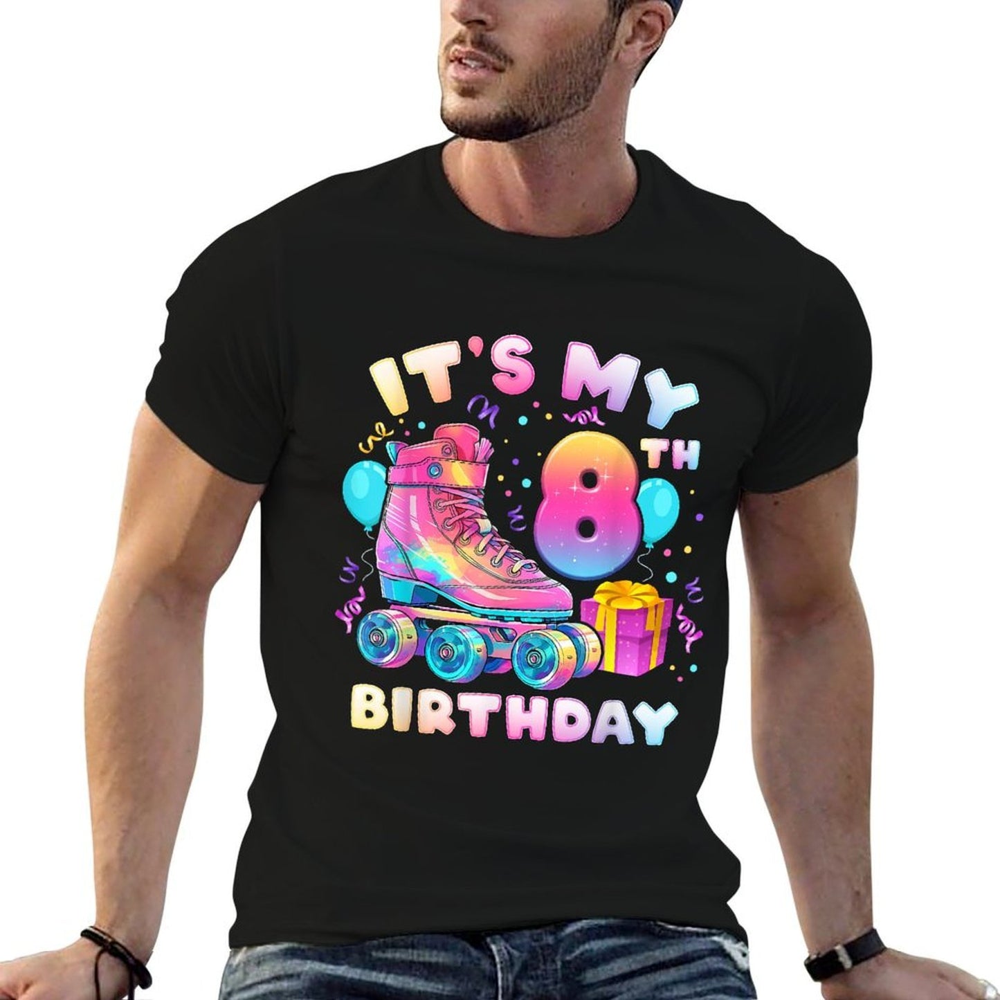 8th Birthday Girl 8 Years, Roller Skates, Number 8  Rolled Sleeves T-Shirt