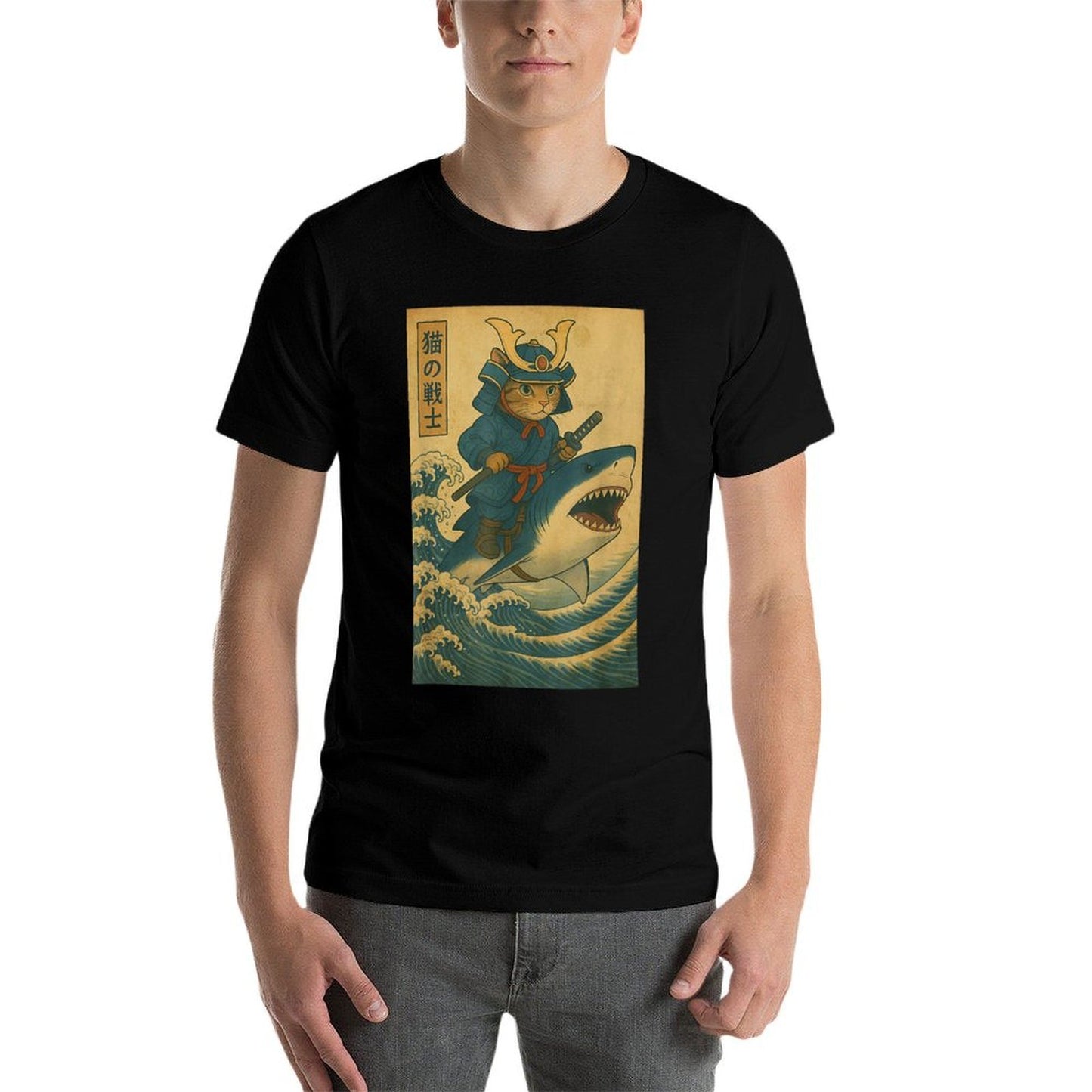 Vintage Anime Cat Japanese Funny Samurai Cat Riding Shark  Durable T-Shirt