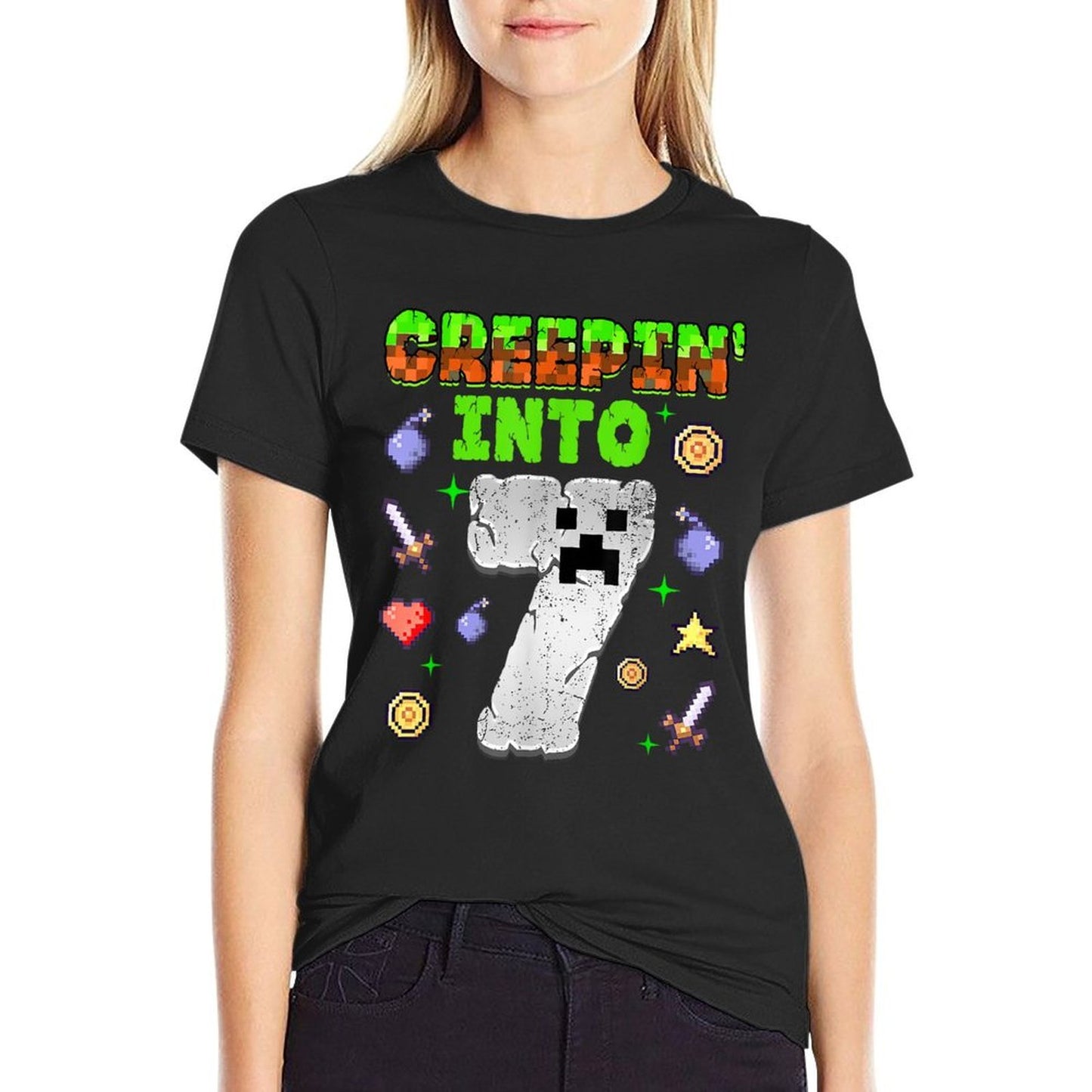 7th Birthday Gamer Pixel Creepin’ Into 7 Video Game Party  Rolled Sleeves T-Shirt