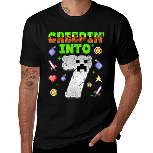 7th Birthday Gamer Pixel Creepin’ Into 7 Video Game Party  Rolled Sleeves T-Shirt