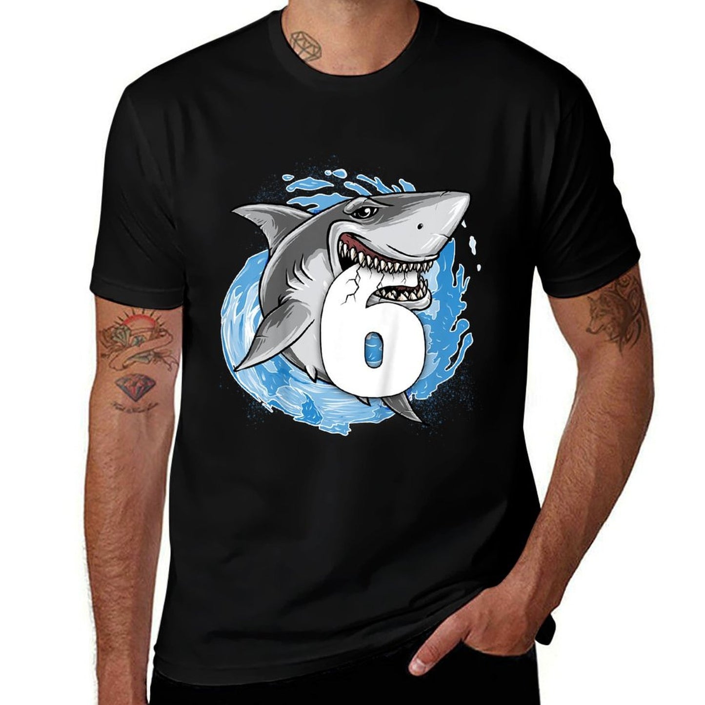 6th Birthday Boy Shark Kids 6 Year Old Shark Theme Party  Oversized Silhouette T-Shirt
