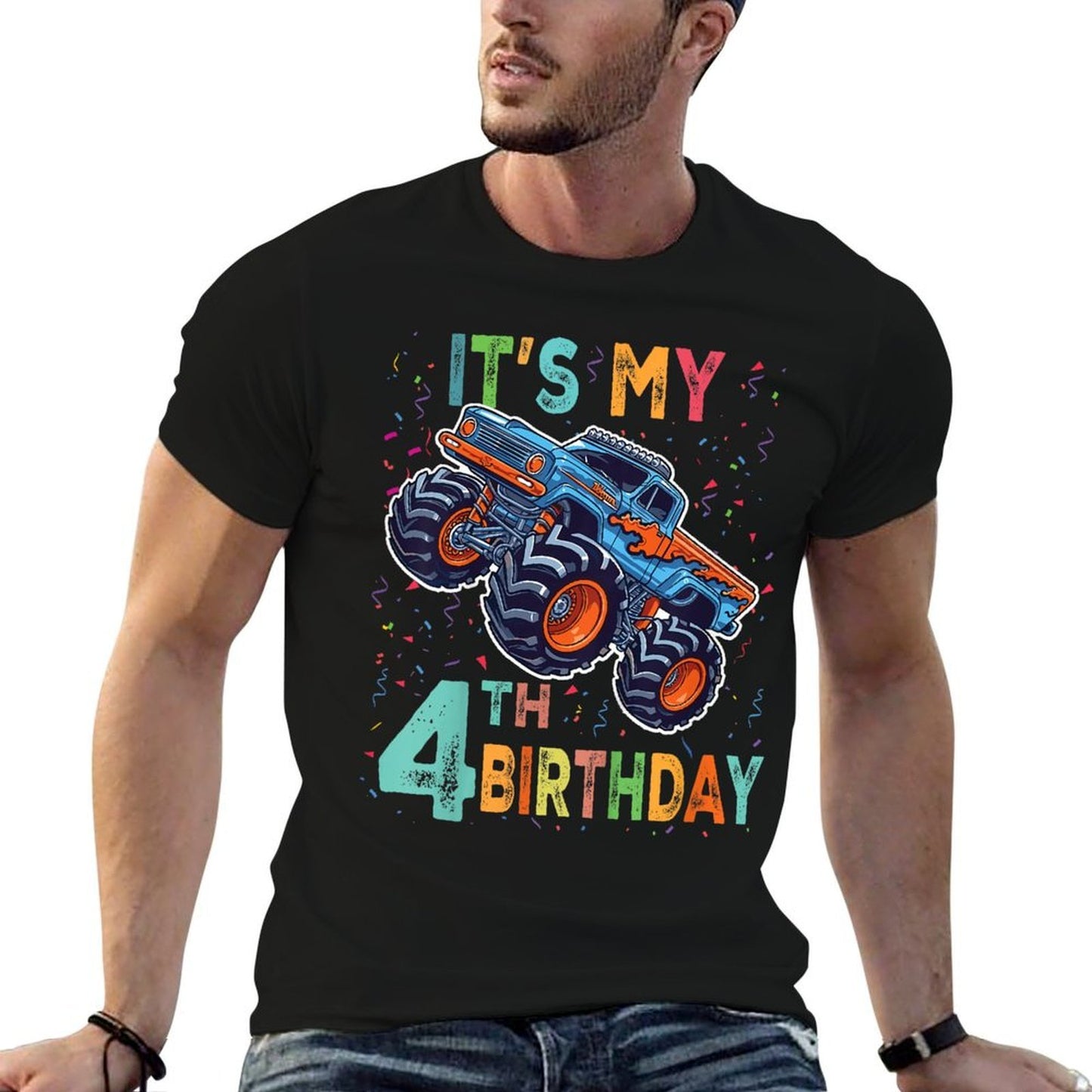 4 Years Old Boy Girl It&#39;s My 4th Birthday Boys Monster Truck  Moisture-wicking T-Shirt