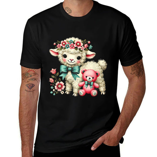 Vintage Easter Cute Lamb Bear Spring Flowers Retro  Lightweight T-Shirt