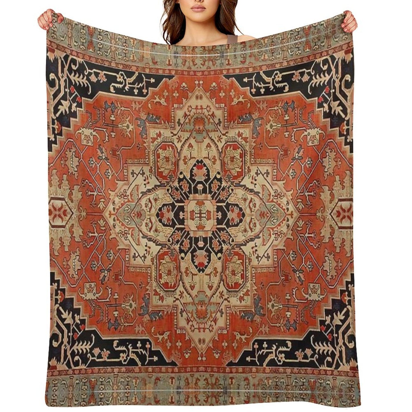 Vintage Heriz Medallion Rug Pattern  Boho Persian Geometric Tapestry Easy Care Throw Blanket