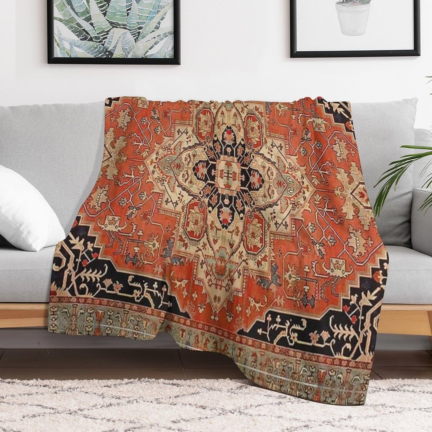 Vintage Heriz Medallion Rug Pattern  Boho Persian Geometric Tapestry Easy Care Throw Blanket