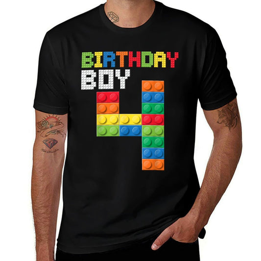 4th Birthday Kids Master Builder Four Years Building Bricks  Relaxed-fit T-Shirt