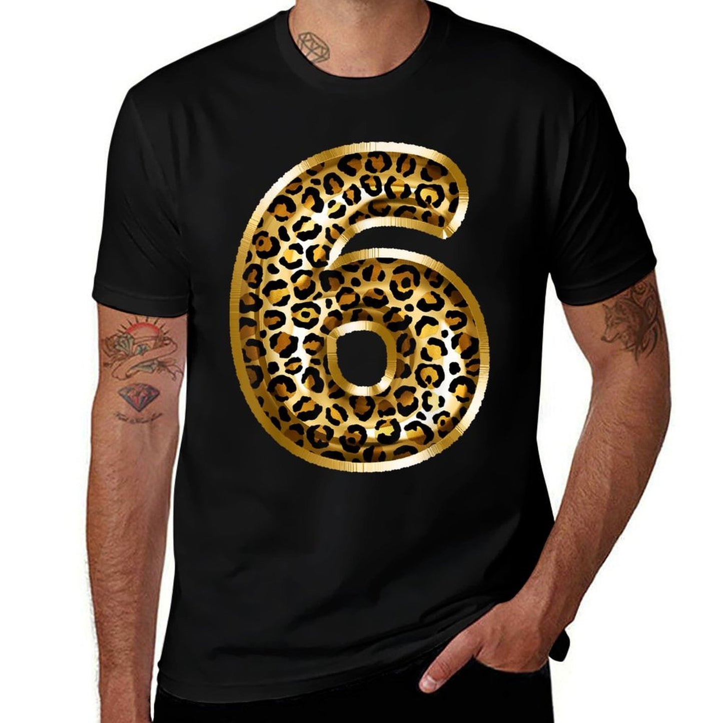 6th Birthday Gift Leopard Animal Print Kids Six  Rolled Sleeves T-Shirt