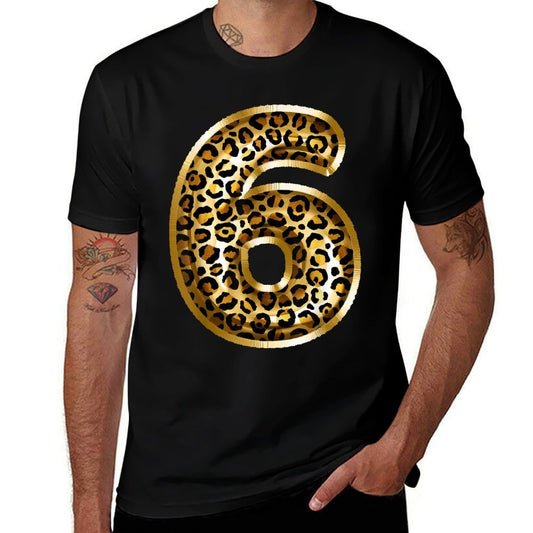 6th Birthday Gift Leopard Animal Print Kids Six  Rolled Sleeves T-Shirt