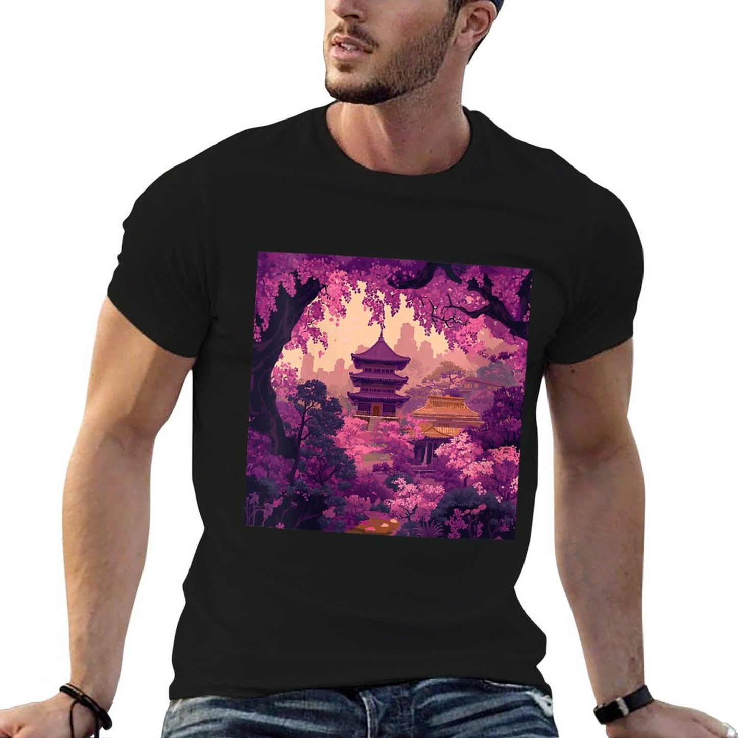 Womens Sakura Blossoms And City Skyline at Twilight  Oversized Silhouette T-Shirt