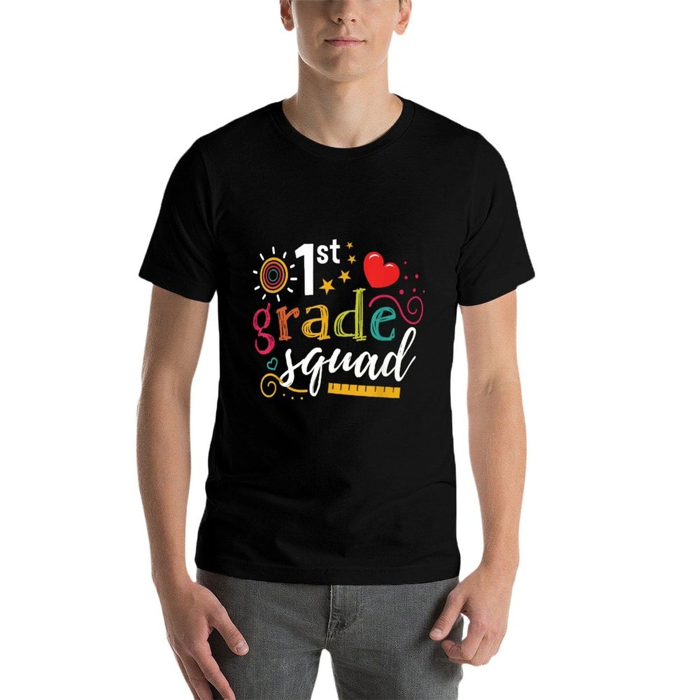 1st First Grade Squad Student Teacher Gift Back To School for Men Women Girls Kids  Ribbed Collar T-Shirt