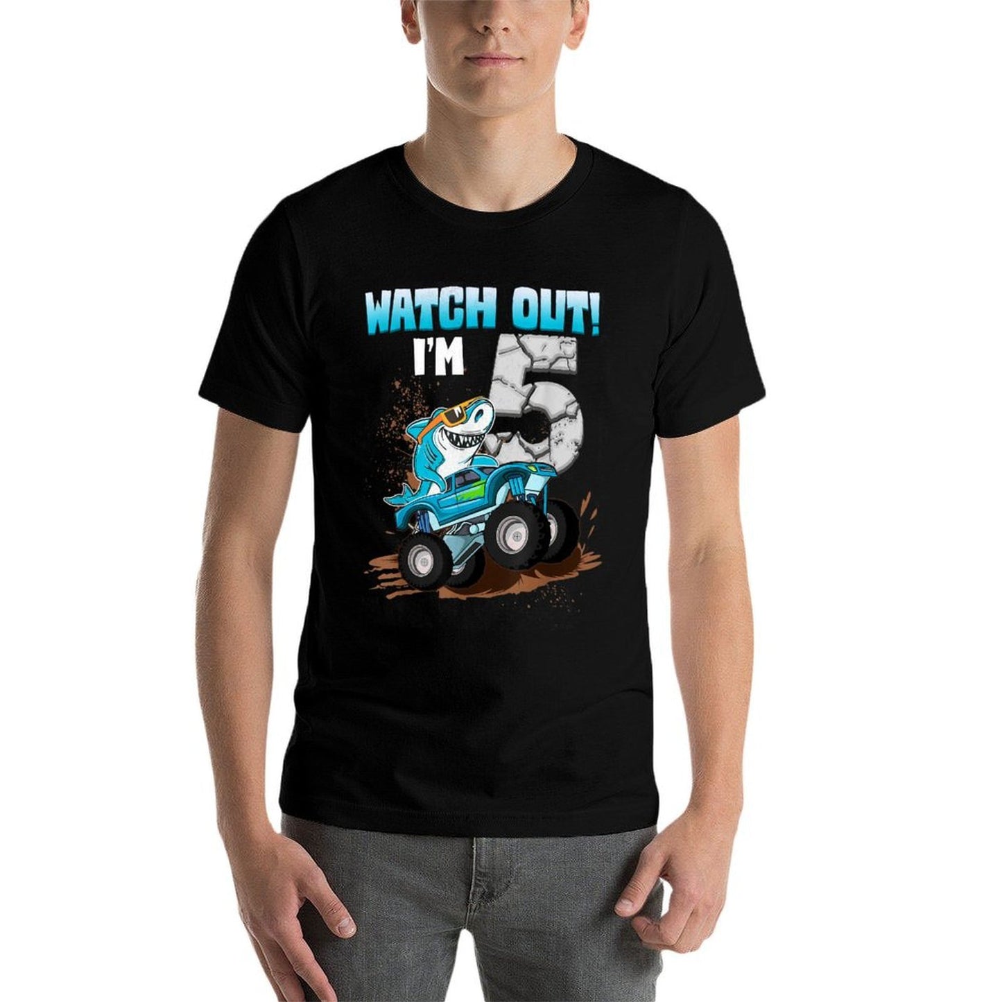 5 Years Old 5th Birthday Shark Boy Girl Monster Truck Gamer  Summer-ready Fabric T-Shirt