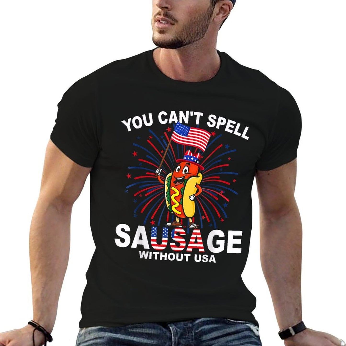 You Cant Spell Sausage Without USA Funny Wiener 4th Of July  Lightweight T-Shirt