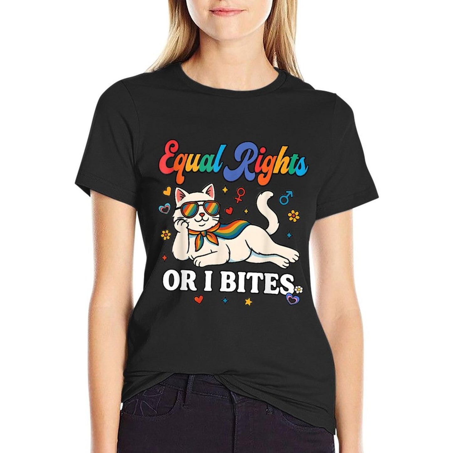 Womens Equal Rights Or I Bites Pride Month Ally Cat Feminist  Stretchy T-Shirt